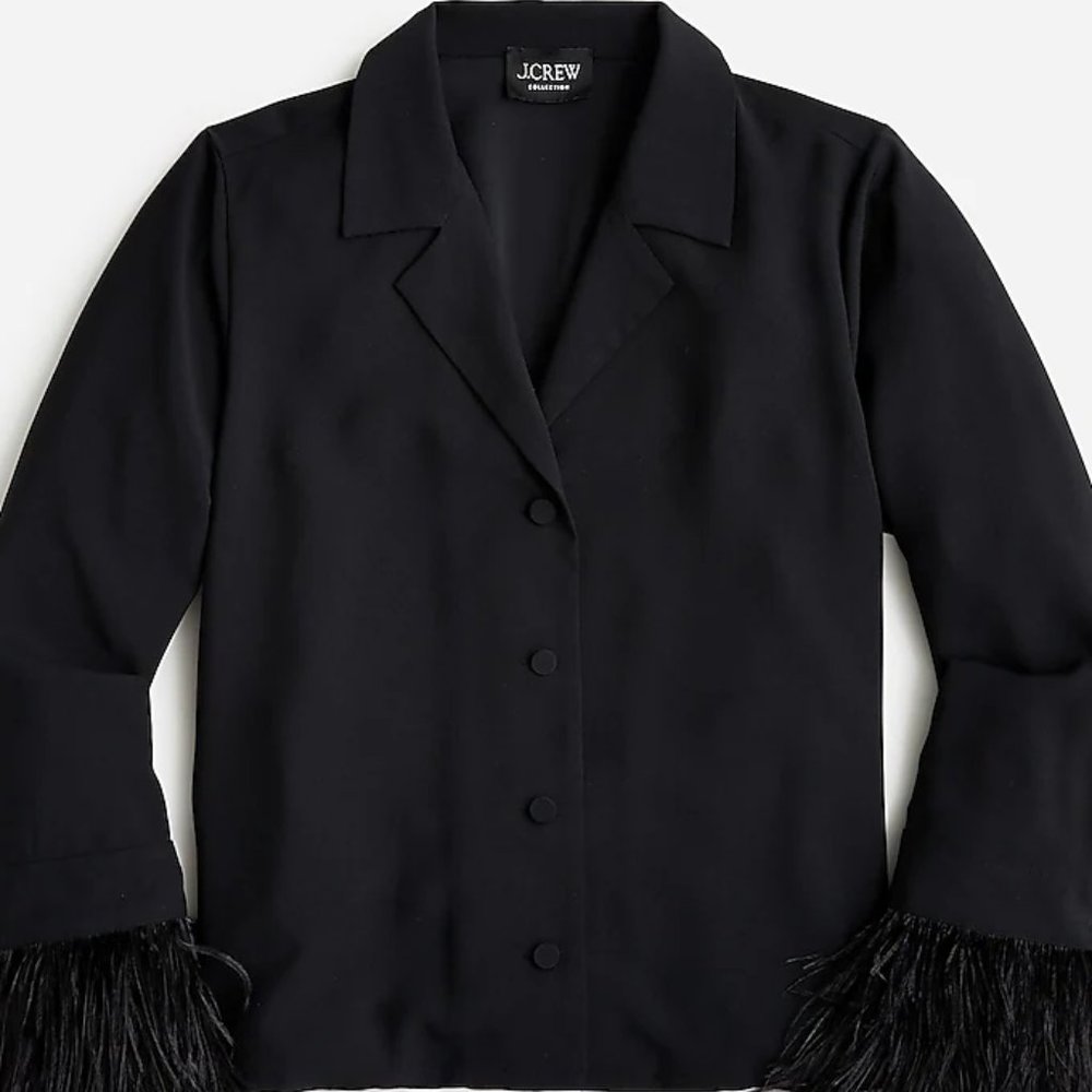 J.Crew Womens Black Collection Feather Trim Shirt in Drapey Crepe - XXS